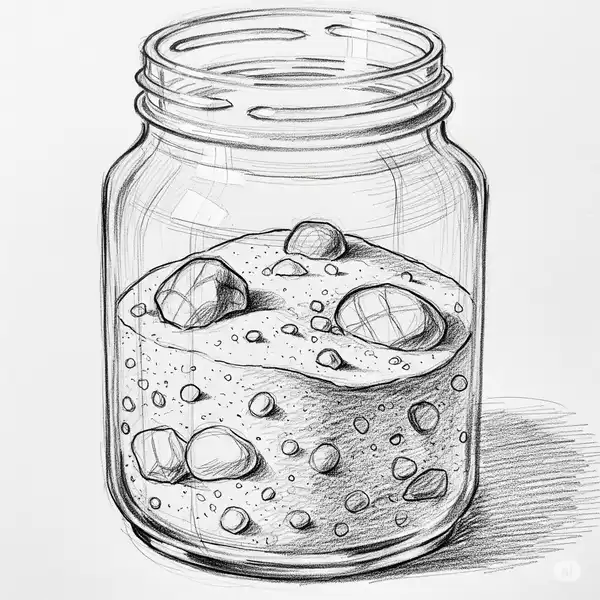 A pencil sketch of a jar mostly full of sand, with several rocks and pebbles interspersed.